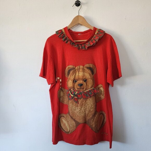 Vintage Handmade Teddy Bear Ugly Christmas Sweater Shirt Embroidered Puffy Party - Picture 1 of 6